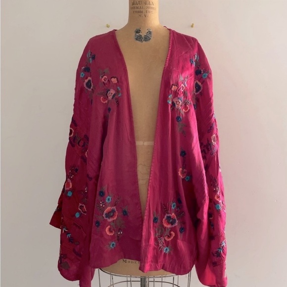 Free People] Beautiful Burgundy Embroidery Sequins Kimono Duster Jacket - Picture 2 of 13
